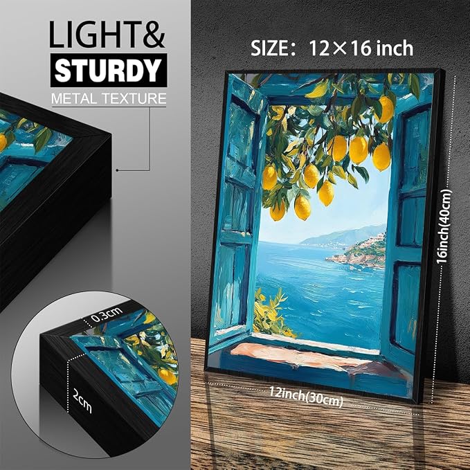 Black Framed Canvas Wall Art Posters Mediterranean Window View Coastal Lemon - Image 2