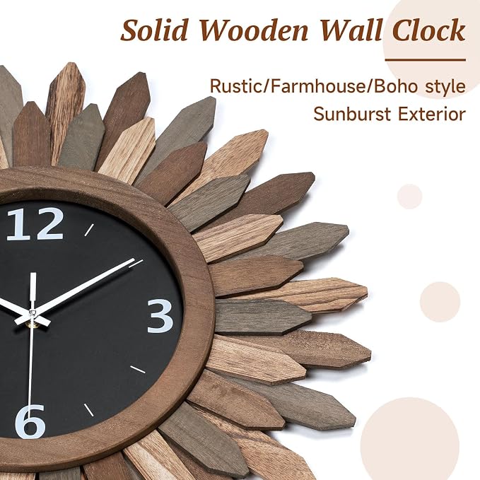 Honiway 14 Inch Wall Clock, Rustic Wood Boho Sunburst Decorative Wall Clocks - Image 6