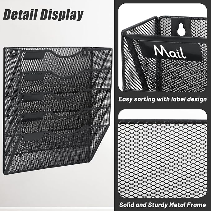 EASEPRES 5 Pocket Mesh Hanging Wall File Organizer, Wall Mounted Mail Paper - Image 3