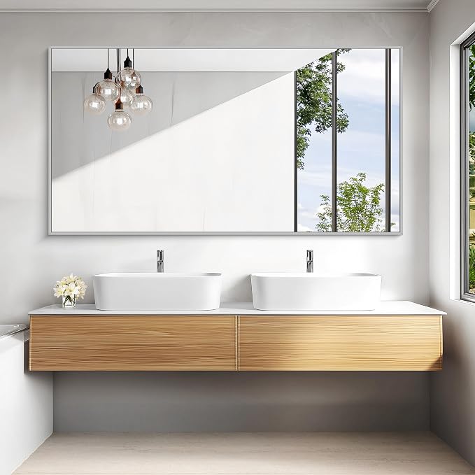 KOCUUY Silver Bathroom Mirror, HD Tempered Glass, Anti-Rust Brushed Silver Frame - Image 2
