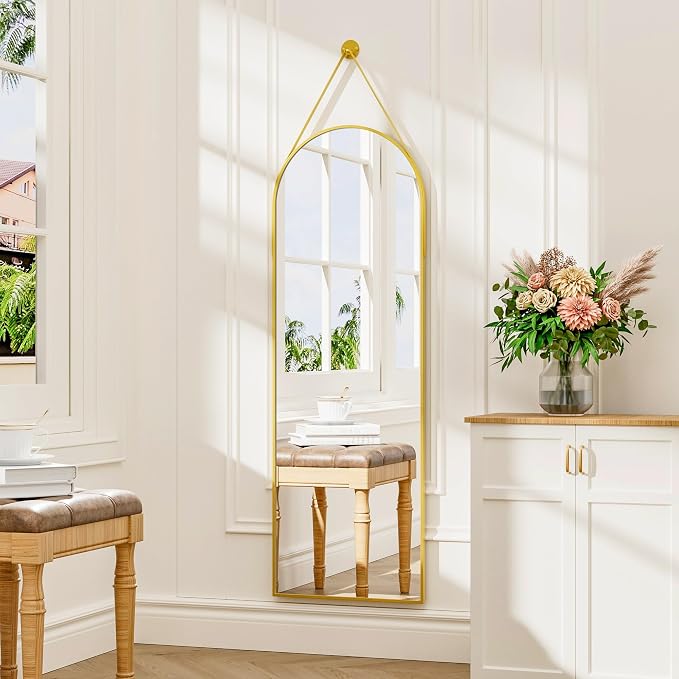 16"x48" Hanging Mirror with Leather Strap, Arched Full Length Mirror with - Image 3