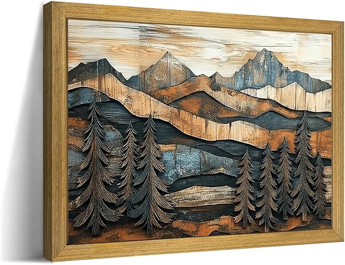 Vintage Boho Mountain Wall Art, Framed Landscape Canvas Wall Art, Nature Forest by Unknown