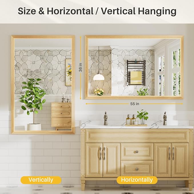 55x36 Inch Bathroom Mirror for Wall, Anti-Rust Oak Wood Grain Metal Framed - Image 7