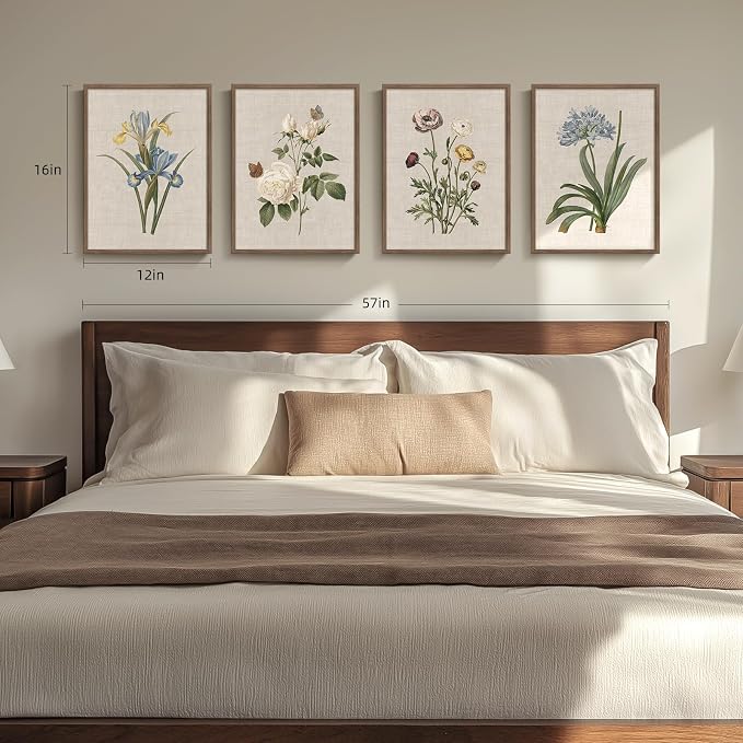 Framed Vintage Botanical Wall Art, 4 Piece Rustic Floral Painting Canvas Prints - Image 3