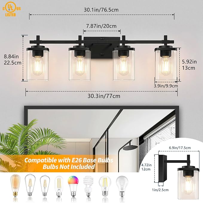 4-Lights Matte Black Bathroom Light Fixture, Modern Black Vanity Lights Over - Image 2