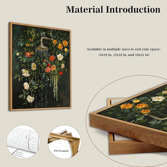 Floating Framed Floral Shower Wall Art, Vintage Botanical Flower Canvas Print - Image 2