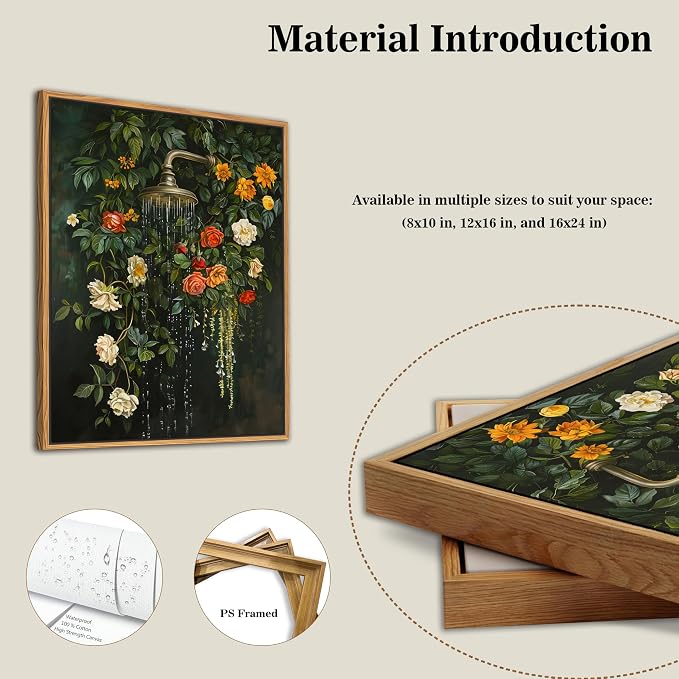 Floating Framed Floral Shower Wall Art, Vintage Botanical Flower Canvas Print - Image 2