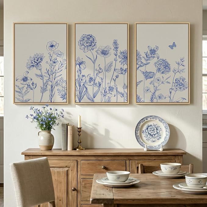 Framed Neutral Chinoiserie Blue Botanical Wall Art, 3 Piece Minimalist Floral - Image 4