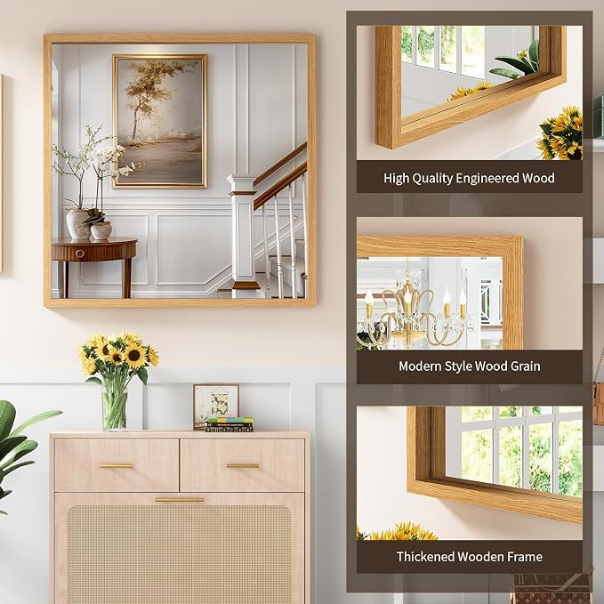 Syndra Square Natural Wood Frame Bathroom Mirror, Waterproof Slim Deep Frame - Image 3