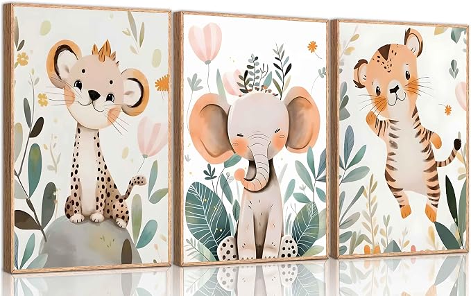 3 Pcs Safari Animals Nursery Canvas Wall Art Jungle Animals Cheetah Elephant by SXHANJXT