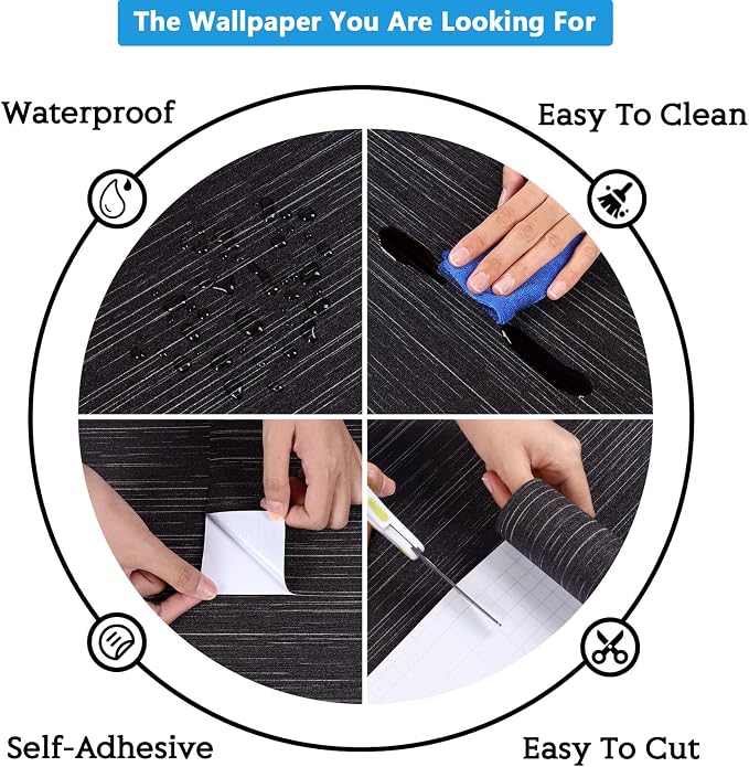 CRE8TIVE Black Grasscloth Wallpaper Peel and Stick Textured Black Wallpaper - Image 9