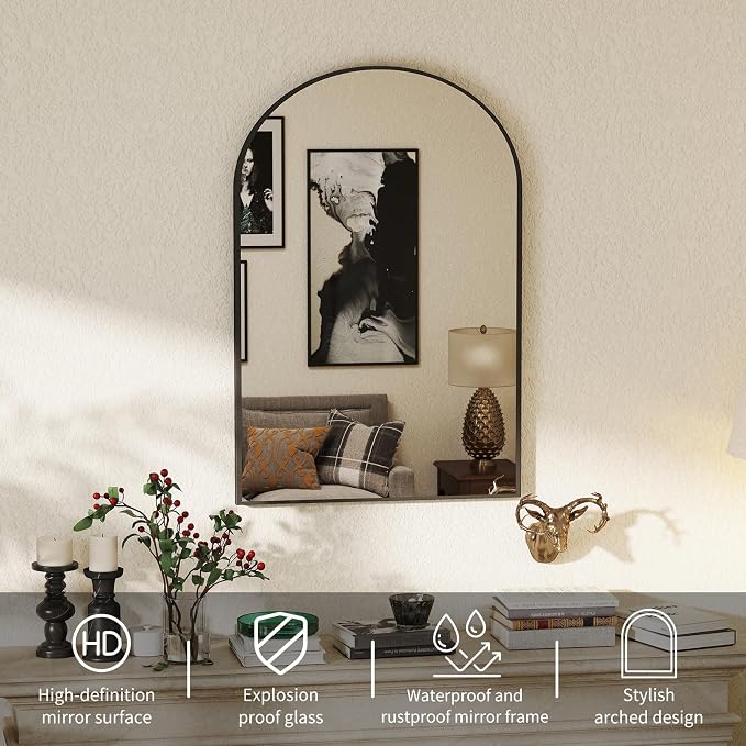DUMOS Black Metal Arch Vanity Rounded Rectangle Bathroom Mirrors - Image 2