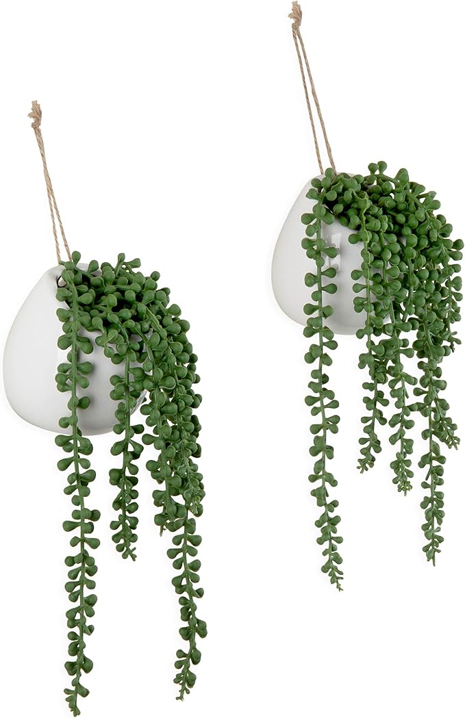 MyGift Artificial Faux String of Pearls Plants in White Ceramic Wall Hanging - Image 6
