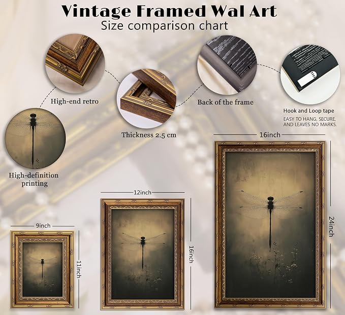 Vintage Gold Framed Wall Art Retro Dark Dragonfly Painting Canvas Prints Gothic - Image 5