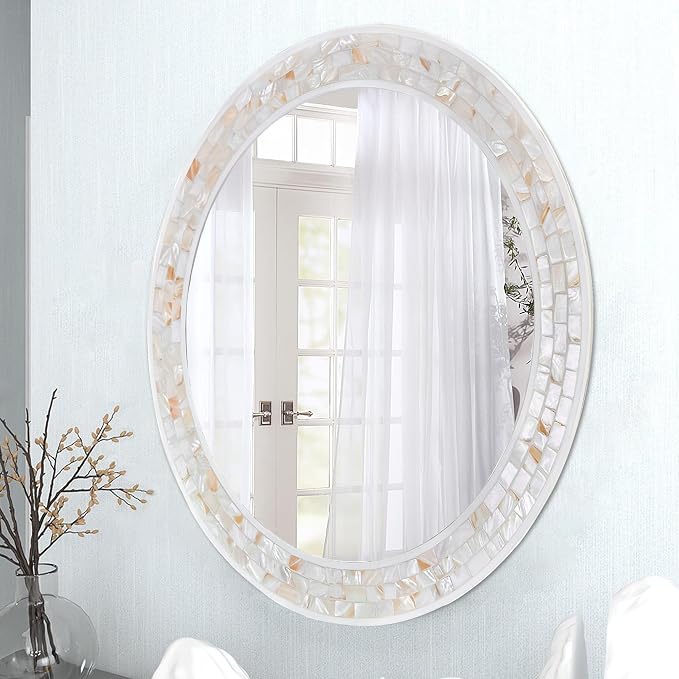 Mosaic Mirrors for Wall 30 Inch, Natural Mother of Pearl Inlay White Framed - Image 4
