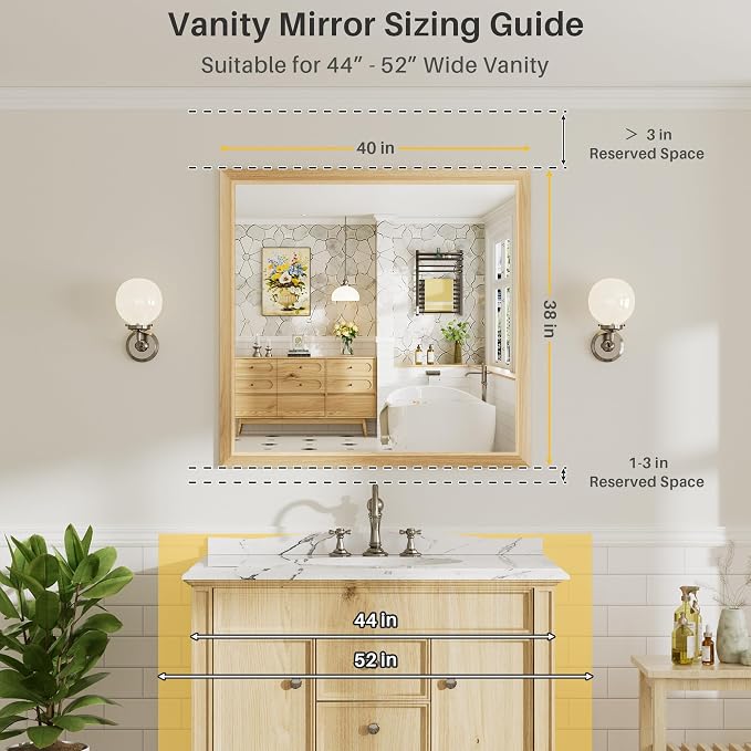 40x38 Inch Bathroom Mirror for Wall, Anti-Rust Oak Wood Grain Metal Framed - Image 2