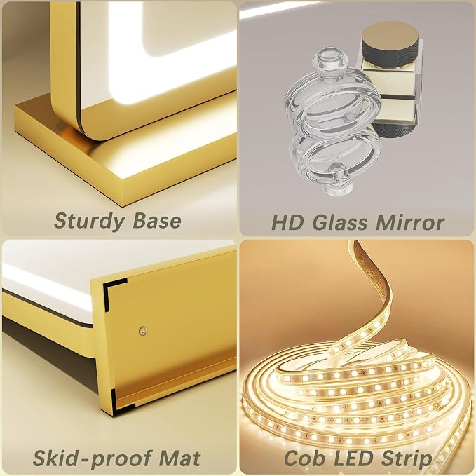 ROLOVE Gold Vanity Mirror with Lights, LED Makeup Mirror, USB Charging Port - Image 7