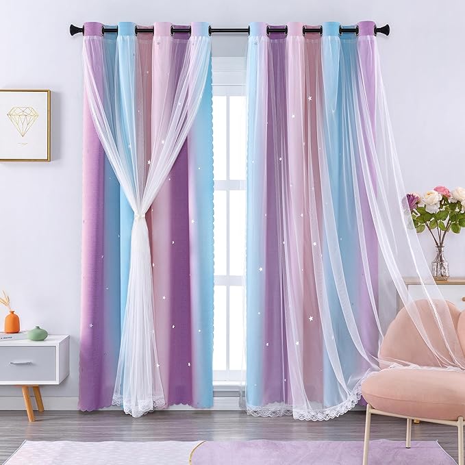 XiDi Curtains for Bedroom Decor, Kids Room Curtains for Girls Rainbow Colour - Image 2