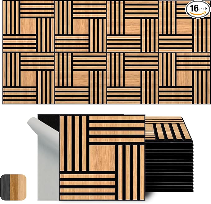 WoveN SounD Artisan Acoustic Wall Panels, 16 Pack 12x12 Inch, PVC Wood Grain by WovenSound