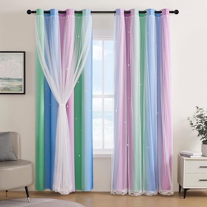 XiDi Curtains for Bedroom Decor, Rainbow Green PurpleBlue52/90/1 by Addsomecolortolife