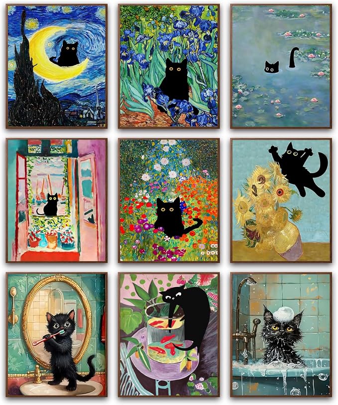 9Pcs Funny Black Cat Wall Art Cats in van gogh Famous Paintings Posters Prints by Unknown