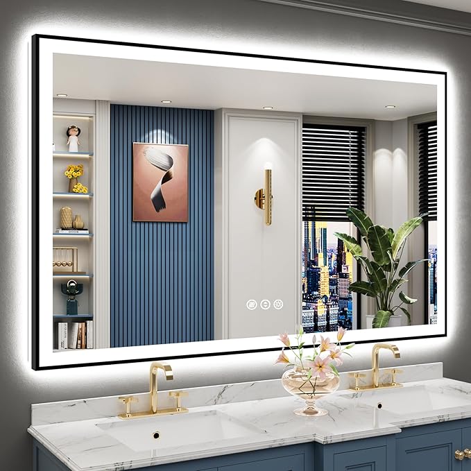 60x40 Black Framed LED Bathroom Mirror by Awandee