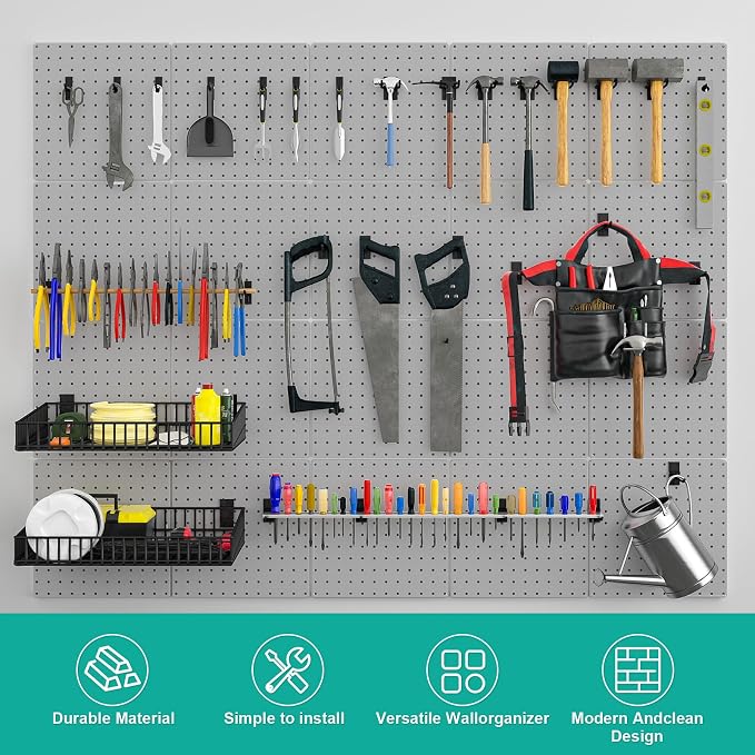 Peg Board, 4 Pack Metal Pegboard Panels Grey Pegboards Wall Organizer - Image 3