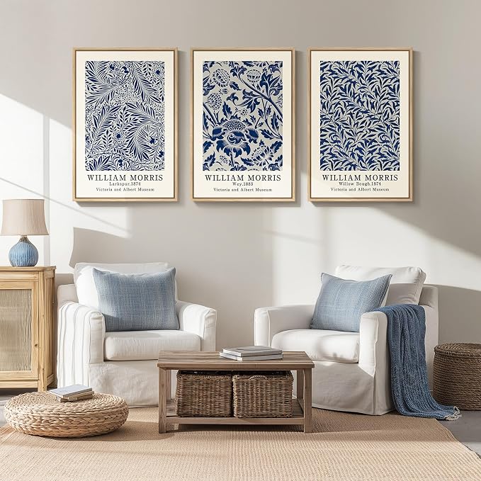 Framed Large William Morris Wall Art Set of 3, Vintage Blue Botanical Floral - Image 3