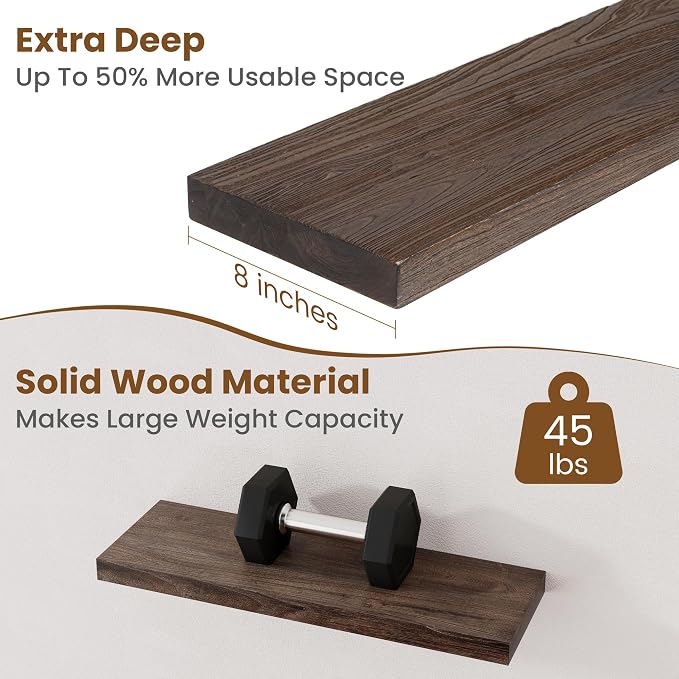 Floating Shelves for Wall Decor, 8 Inch Deep Rustic Solid Elm Wood Floating - Image 5