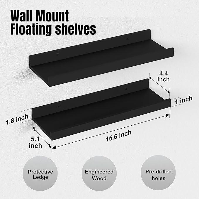 Boswillon Floating Shelves Wall Mounted Set of 2, Modern Black Wall Shelves - Image 3