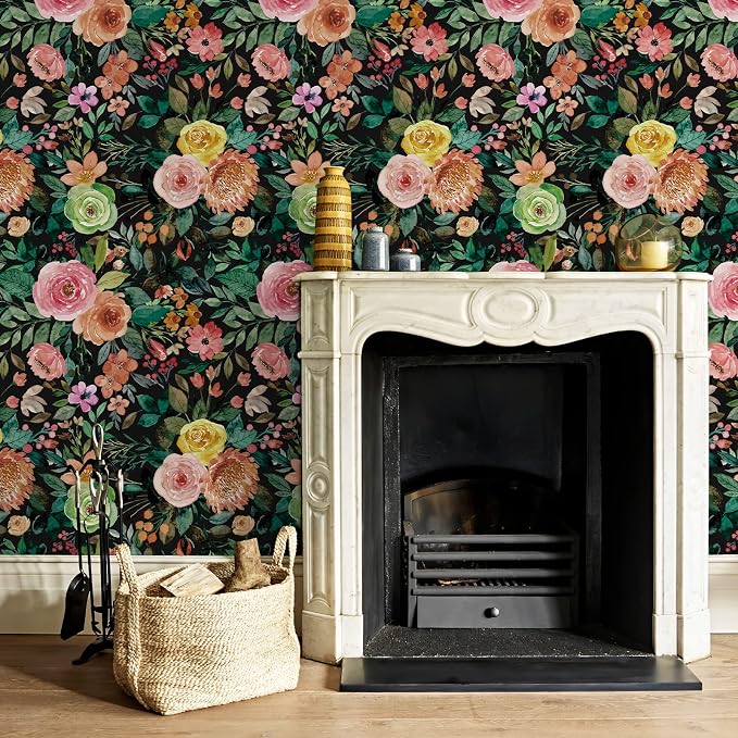 JiffDiff Dark Floral Peel and Stick Wallpaper 236.22" L x 17.7" W Black - Image 3
