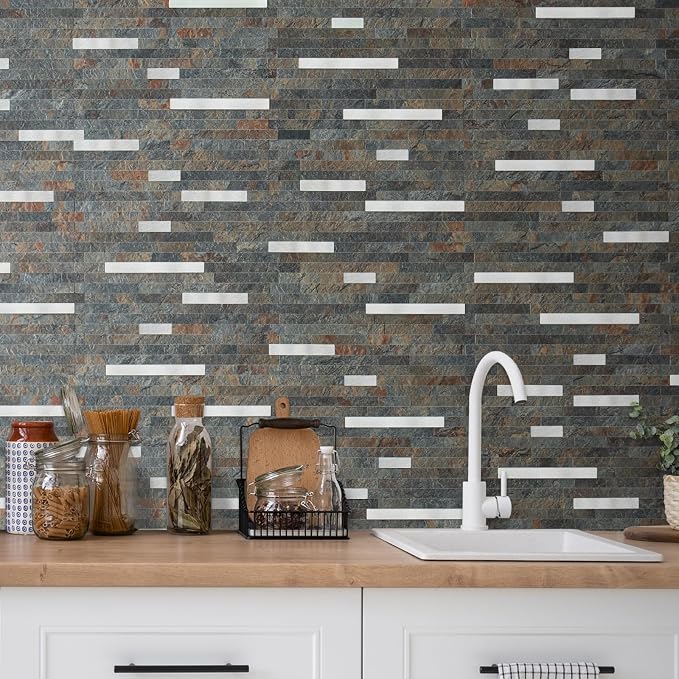 AULIGET 20 Sheets Rust Slate Peel and Stick Backsplash, PVC Mixed Metal Silver - Image 6