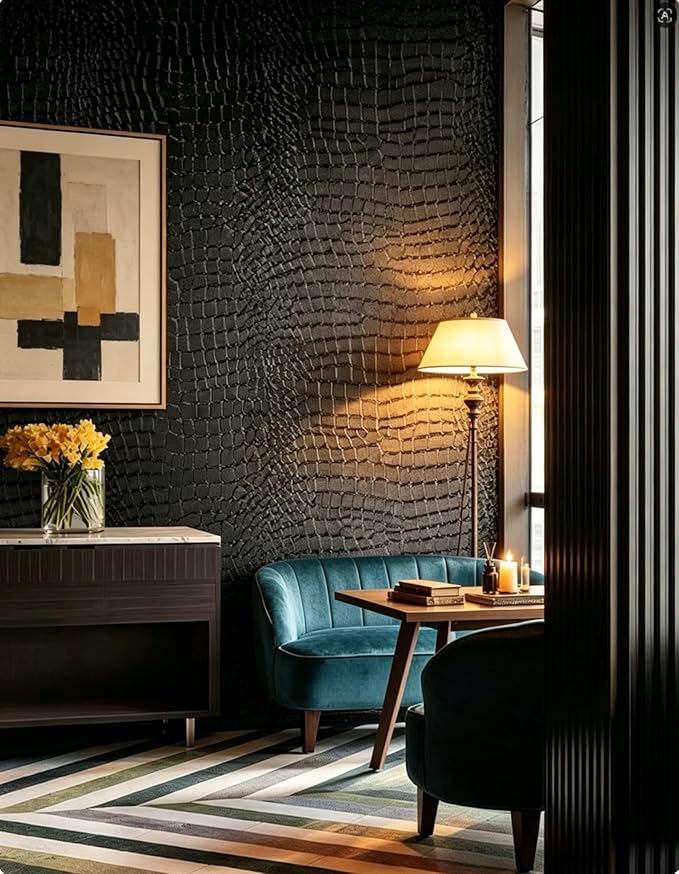 Peel and Stick Wallpaper Black Crocodile Wall Paper Modern Textured - Image 2