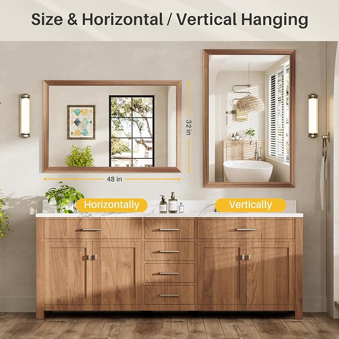 48x32 Inch Bathroom Mirror for Wall, Anti-Rust Walnut Wood Grain Metal Framed - Image 7