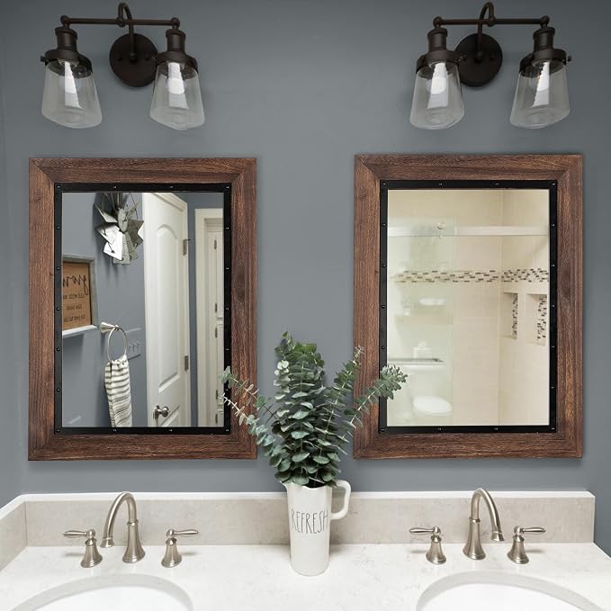 YOSHOOT Rustic Wooden Framed Wall Mirror, Natural Wood and Iron Bathroom Vanity - Image 5