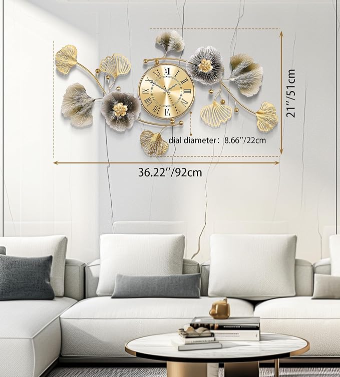 Wall Clocks for Living Room Decor, Large Wall Clock, 3D Creative Metal Ginkgo - Image 3