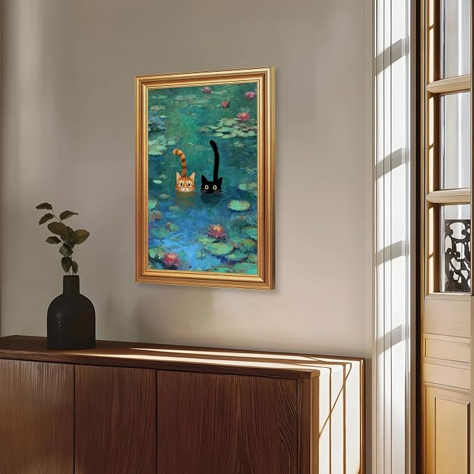 Fantasy Artists Gold Framed Wall Art Prints, Two Swimming Cats in Lotus Pond - Image 3