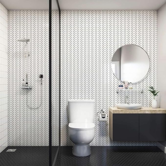 Erfoni Black and White Peel and Stick Wallpaper Modern Herringbone Contact - Image 4