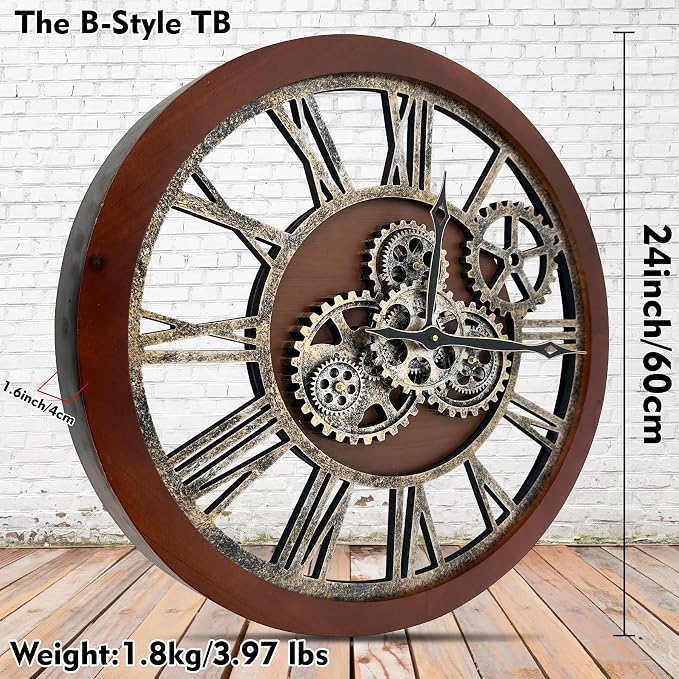 The B-Style Large Wall Clock 24 inch Moving Gear Wall Clock Oversized Vintage - Image 2