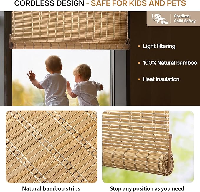 LazBlinds No Tools No Drill Bamboo Roller Shades, Cordless Bamboo Blinds - Image 3