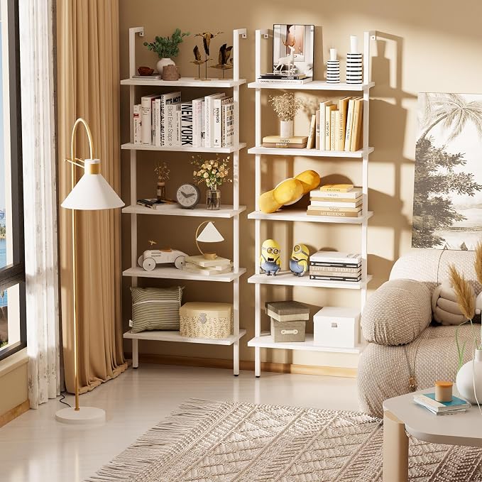 aboxoo Ladder Shelf 2 PCS White Bookshelf 5-Tier Wooden Open Shelf Wall-Mounted - Image 2