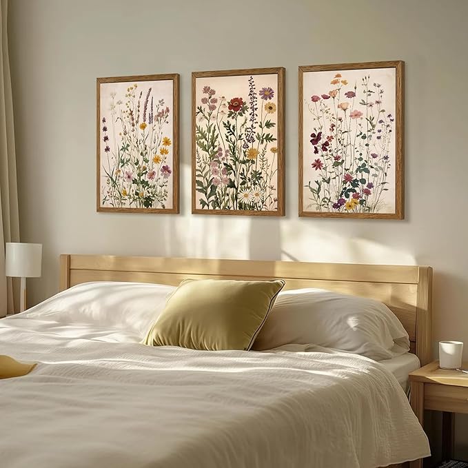 WRFON Botanical and Flower Canvas Wall Art, Framed Wildflower Wall Art Set of 3 - Image 3