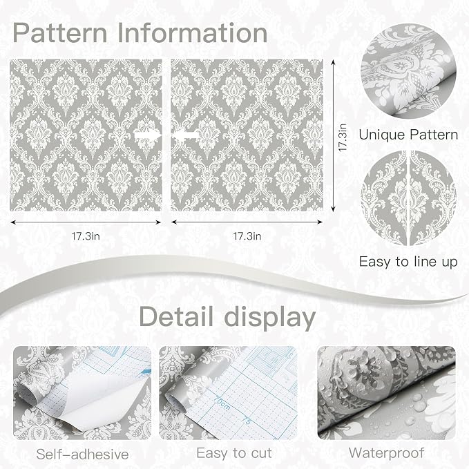 Peel and Stick Wallpaper Grey and White Damask Wallpaper - Image 7