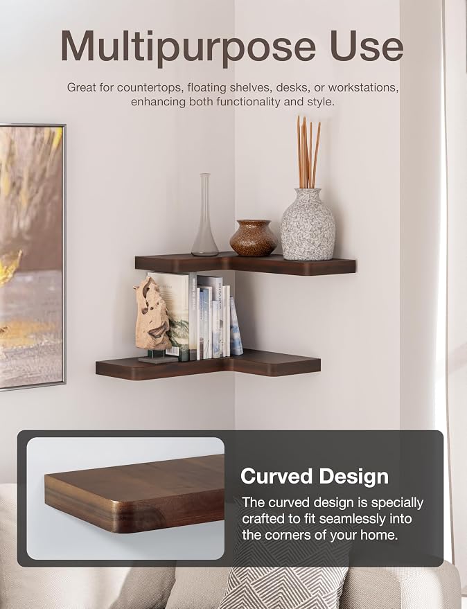BATODA Acacia Wood Corner Floating Shelf 17” x 12”- Corner Shelf Wall Mounted - Image 5