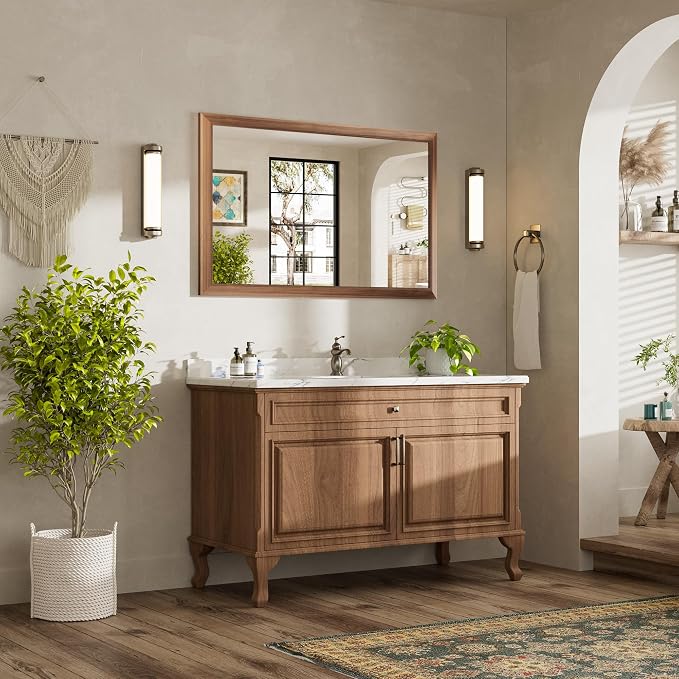 48x30 Inch Bathroom Mirror for Wall, Anti-Rust Walnut Wood Grain Metal Framed - Image 3