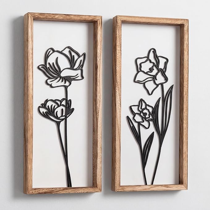 3D Black and White Wall Art Lightweight, Wooden Ready-to-Hang Framed Floral by TideandTales