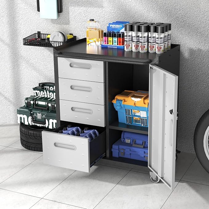 Metal Storage Cabinet with Wheels, Rolling Tool Cabinet with Adjustable Shelve - Image 2