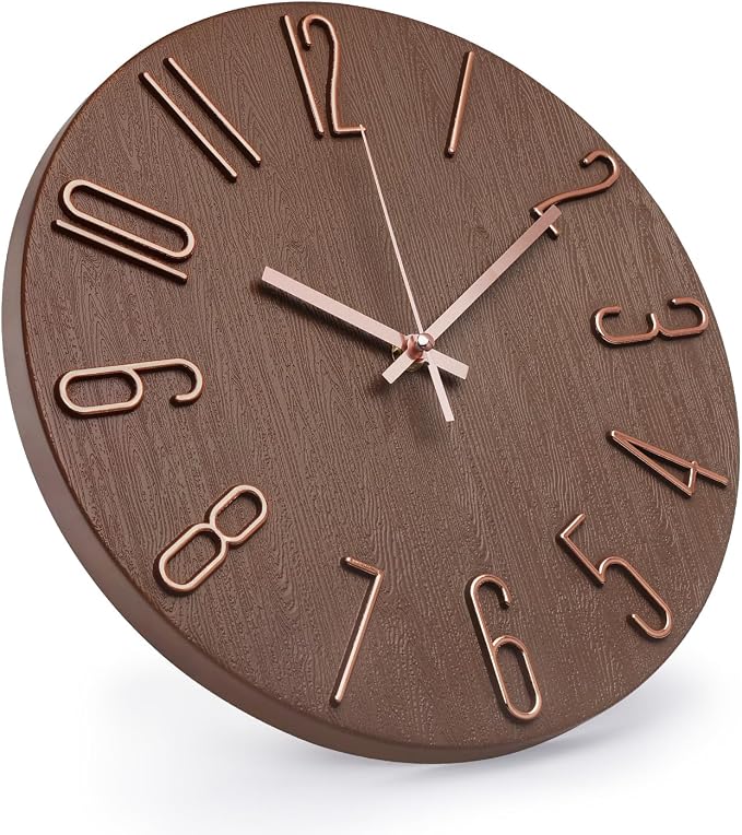 Wall Clock 12 Inch Silent Non-Ticking Imitation Wood Indoor Clock Round Brown - Image 2