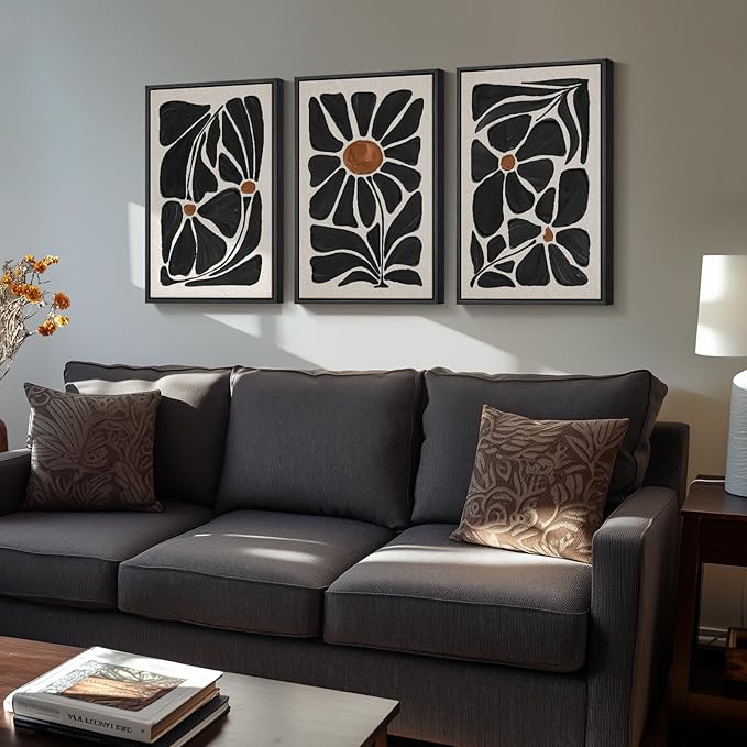 Framed Black and White Abstract Wall Art, 3 Piece Black Boho Floral Botanical - Image 2