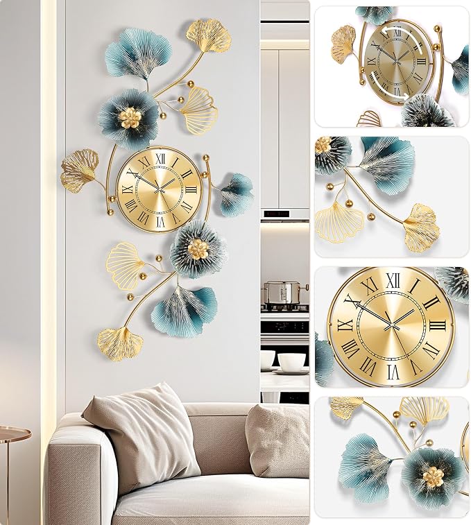 Wall Clocks for Living Room Decor, Large Wall Clock, 3D Creative Metal Ginkgo - Image 4